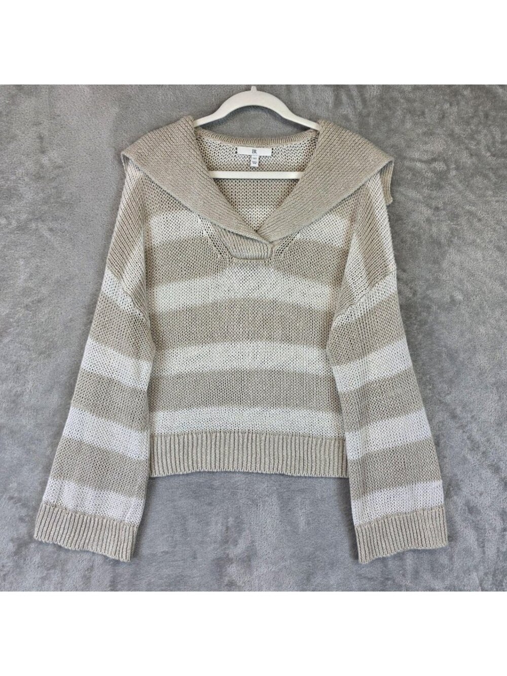 Banana Republic Sweater Womens S Beige Stripe Open Knit V Neck Collar Pullover